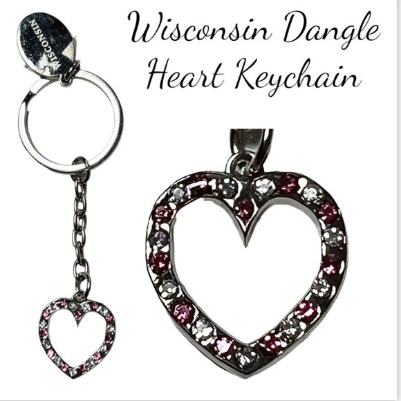 NWT Wisconsin Dangle Red & White Rhinestone Heart Keychain - Picture 6 of 6